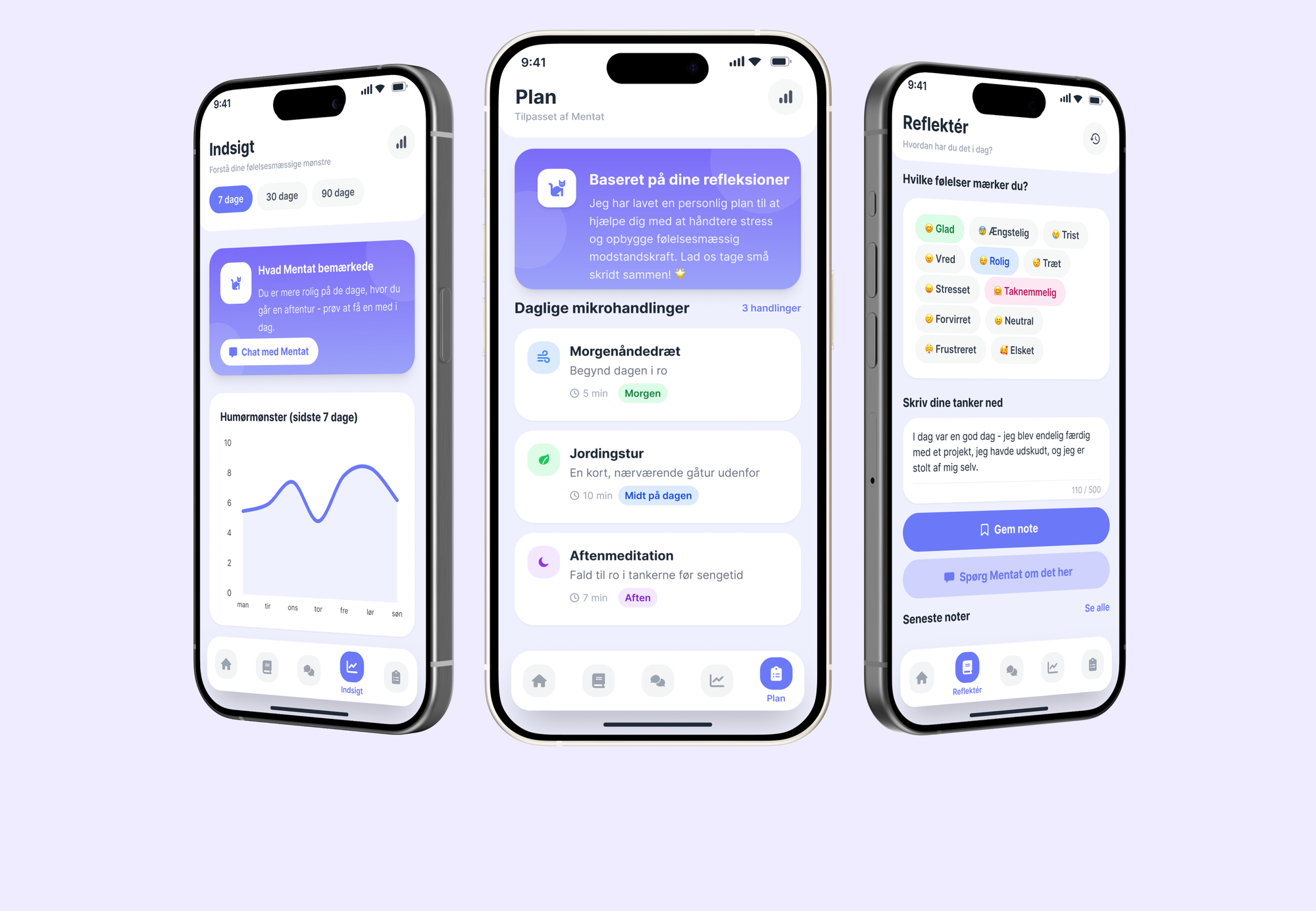Three Mentat app screens showing insights, plan, and reflect