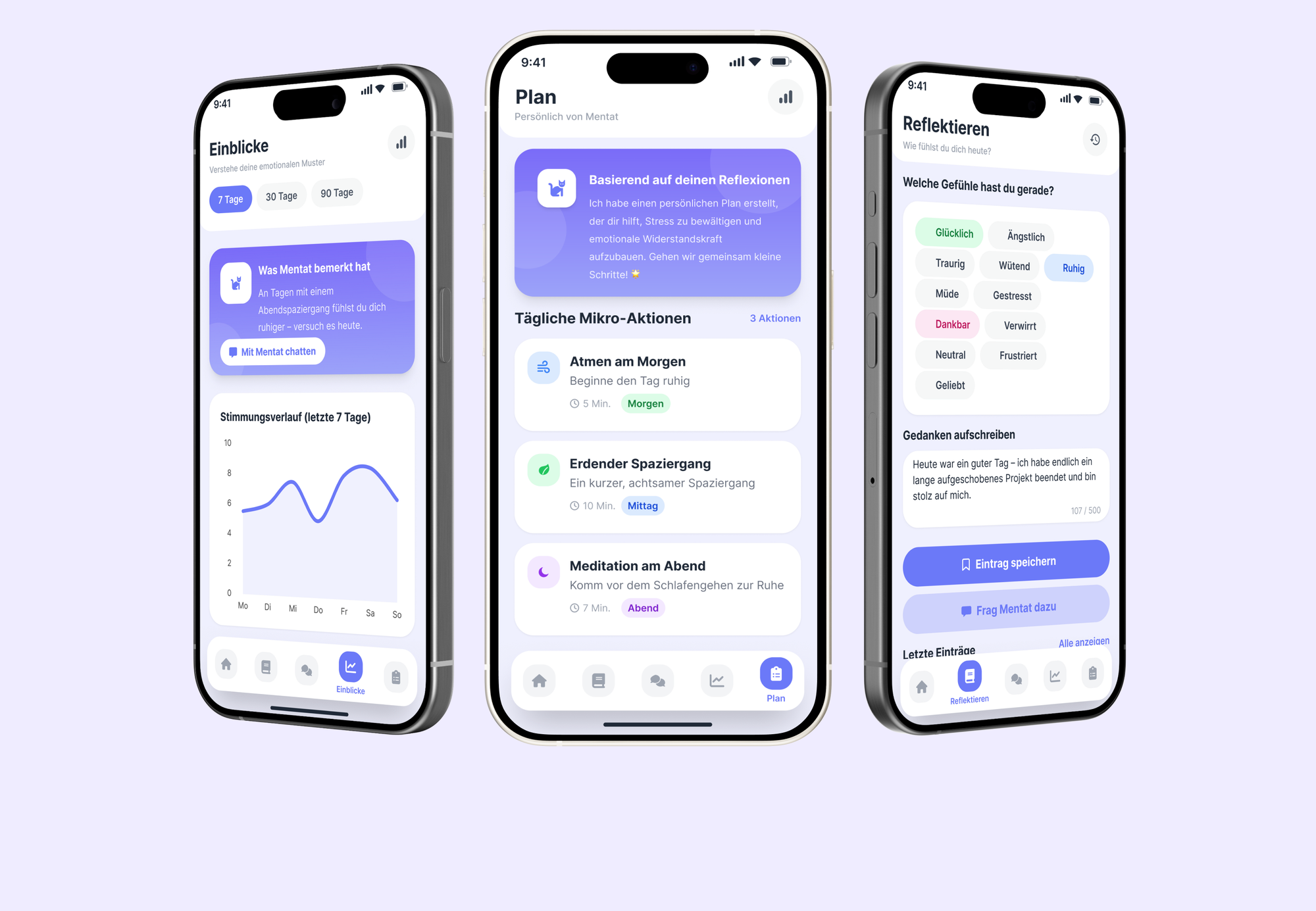 Three Mentat app screens showing insights, plan, and reflect