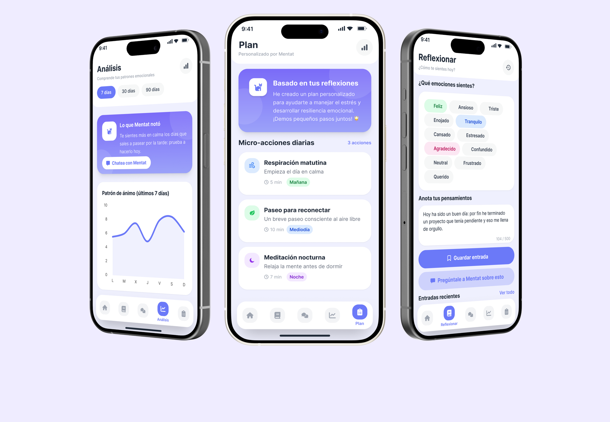 Three Mentat app screens showing insights, plan, and reflect