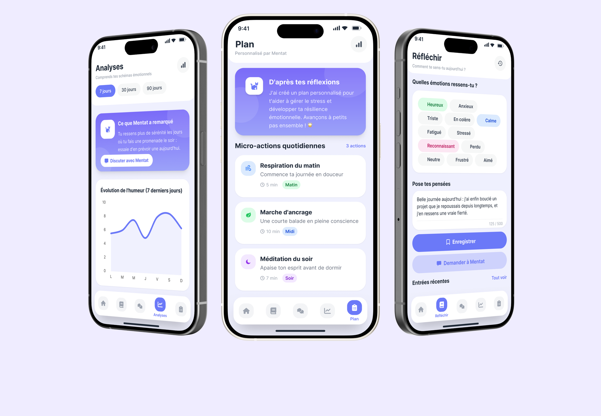 Three Mentat app screens showing insights, plan, and reflect