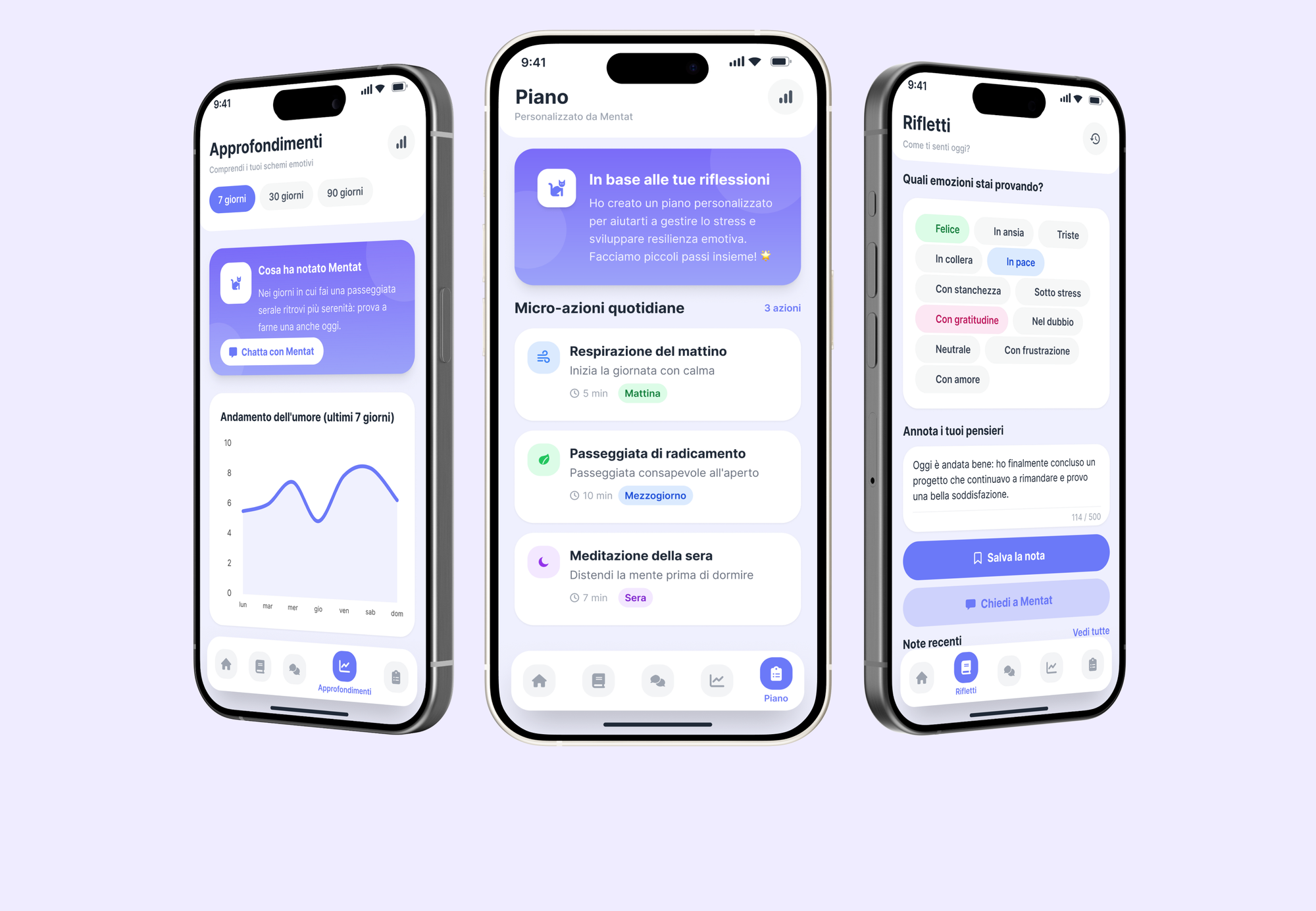 Three Mentat app screens showing insights, plan, and reflect