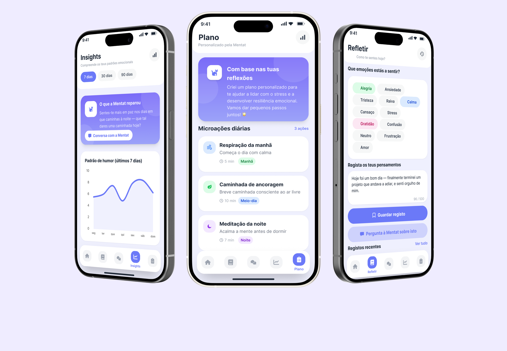 Three Mentat app screens showing insights, plan, and reflect