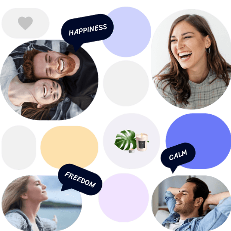 Emotional well-being collage — happiness, calm, freedom